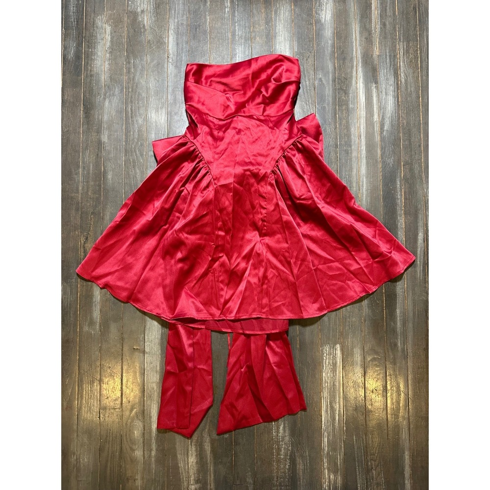 Shein Red Satin Strapless Corset Mini Dress with Oversized Bow and Train Detail